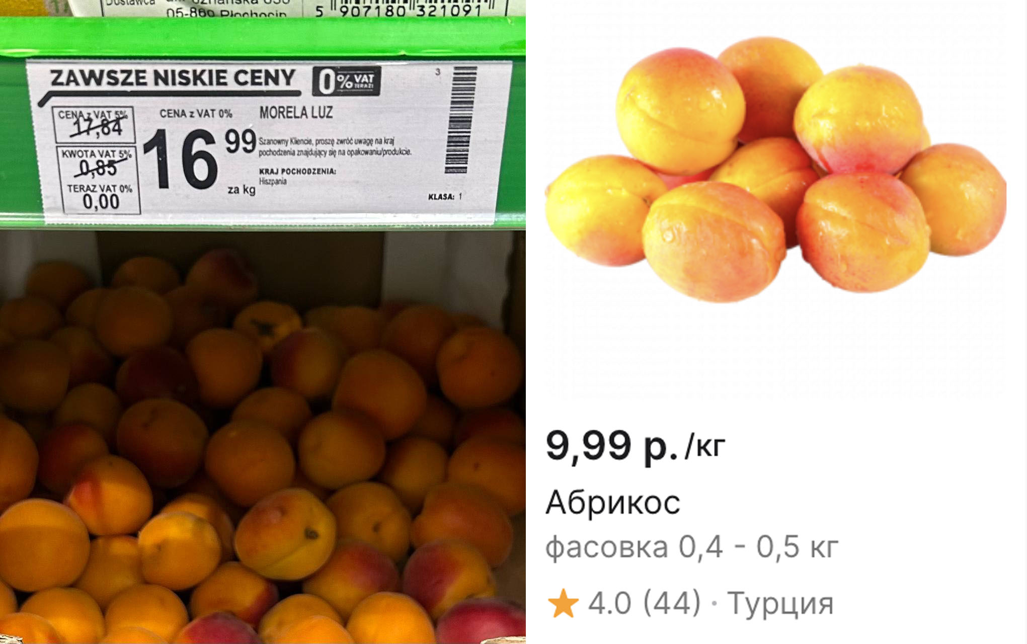 Сравнение цен на абрикосы в польском магазине Biedronka и на беларуском сайте «Е-доставка»