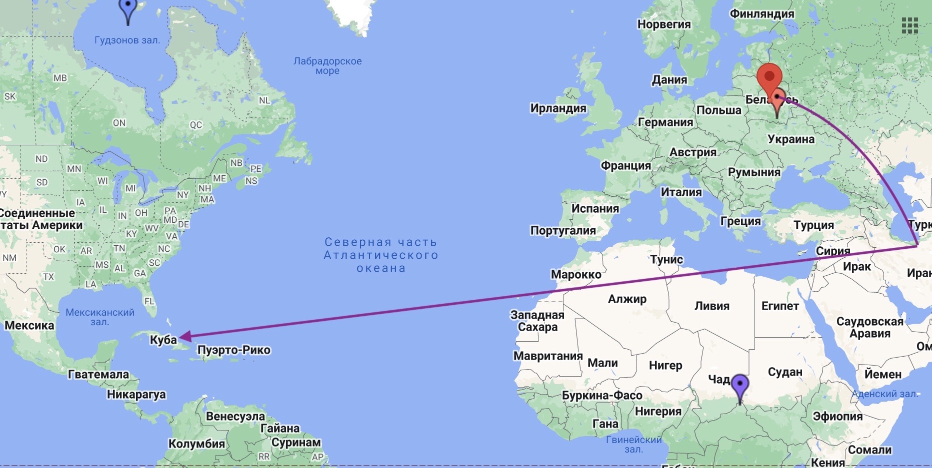 Примерная схема маршрута венесульэльской авиакомпании из Минска на Кубу транзитом через Тегеран. Фото: BGMedia.