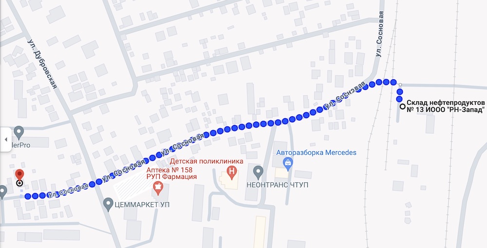 Скриншот с Google - карты с расстоянием от дома по улице Сосновая 5 до нефтебазы №13 (СНП №13).