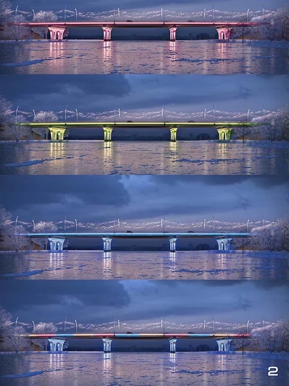 Разноцветная подсветка на реконструированном мосту через реку Мухавец по бульвару Шевченко в Бресте. Фото: nashaniva.com.