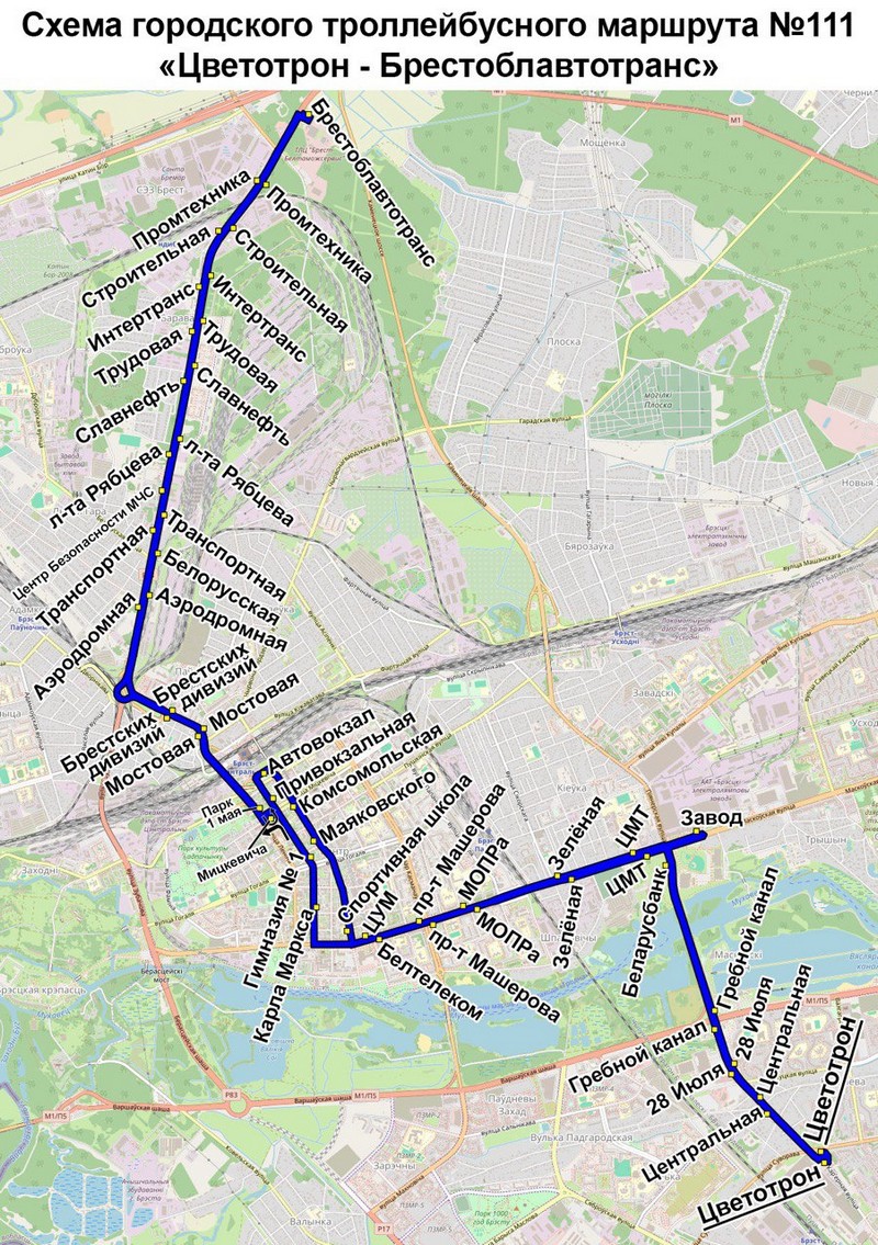 Схема маршрута троллейбуса №111 в Бресте
