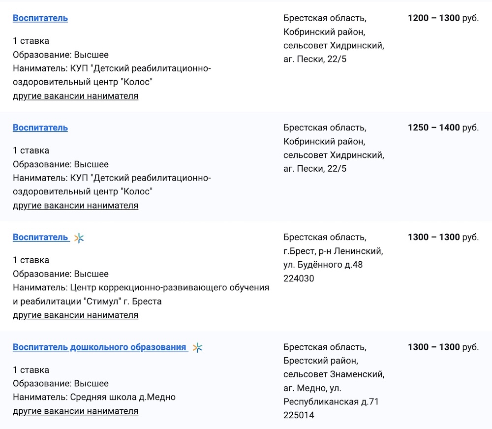 Вакансии воспитателя в Брестской области с самыми высокими потенциальными зарплатами. Скриншот с сайта gsz.gov.by.