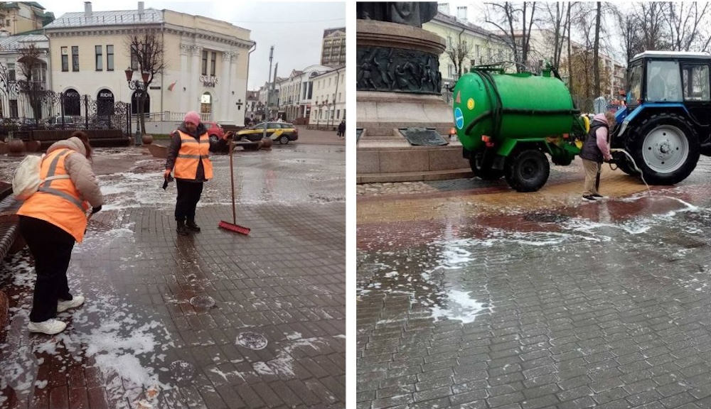 Коммунальщики моют улицу Советскую в Бресте. Фото: телеграм-канал ПКУП «Коммунальник» г. Бреста. 