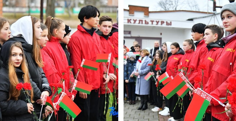 Молодежь на церемонии возложения цветов к памятнику Ленину в агрогородке Крошин Барановичского района. Фото: nashkraj.by.