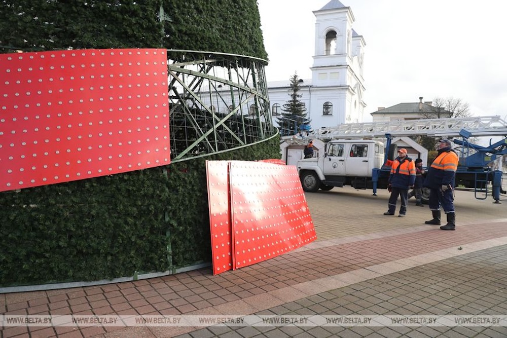 Монтаж главной елки Бреста на площади Ленина. Ноябрь 2024 года. Фото: БЕЛТА.