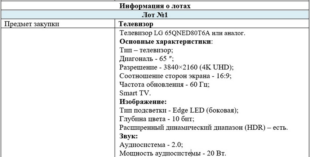 Технические характеристики телевизора для Брестского облисполкома. Скриншот документа на сайте госзакупок