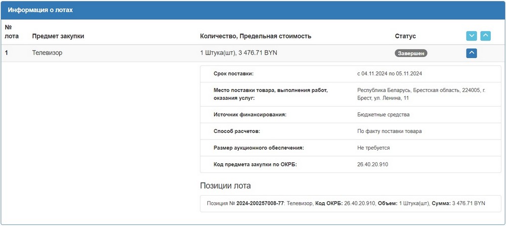 Тендер Брестского облисполкома на телевизор. Скриншот сайта госзакупок