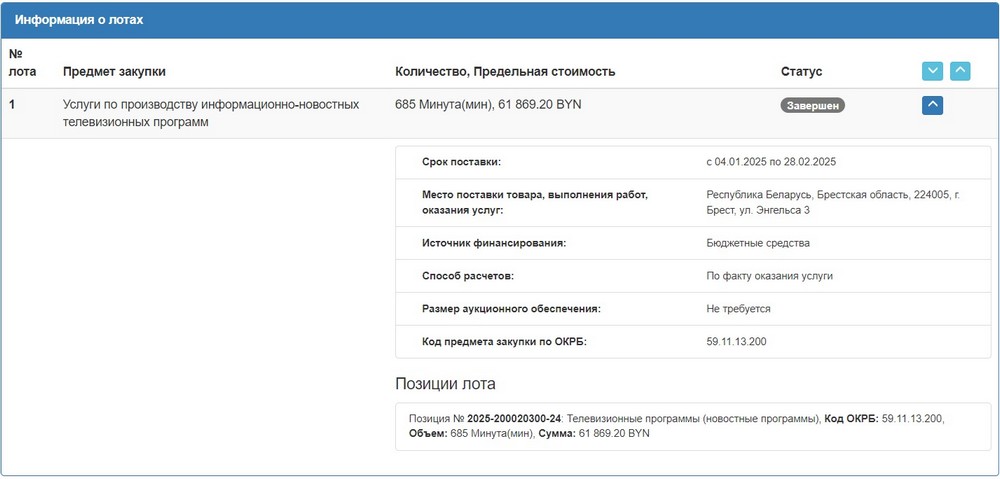 Тендер Брестского горисполкома на новостные телепрограммы в 2025 году. Скриншот сайта госзакупок