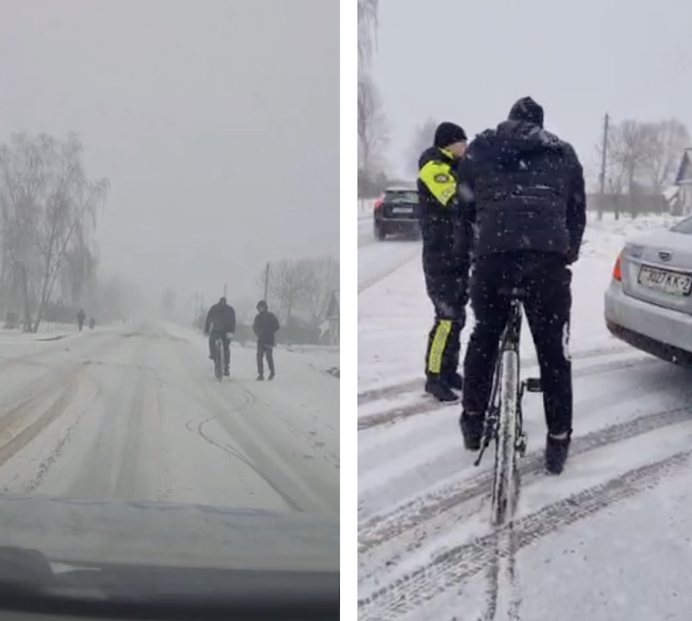 Скриншоты с видео, где сотрудник ГАИ задерживает велосипедиста, ехавшего в снегопад. Телеграм-канал «ГАИ Витебщины».