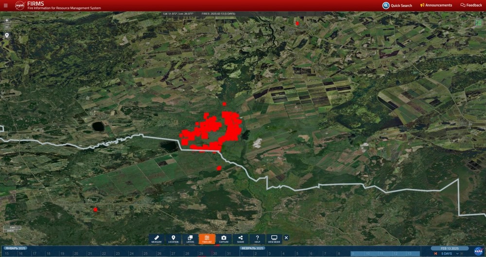 Пожар в Пинском районе с 9 по 13 февраля. Скриншот карты earthdata.nasa.gov