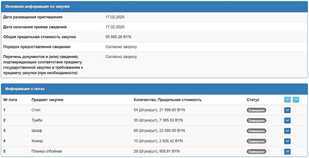 Тендер Брестского горисполкома на мебель, 17 февраля 2025 года. Скриншот сайта госзакупок