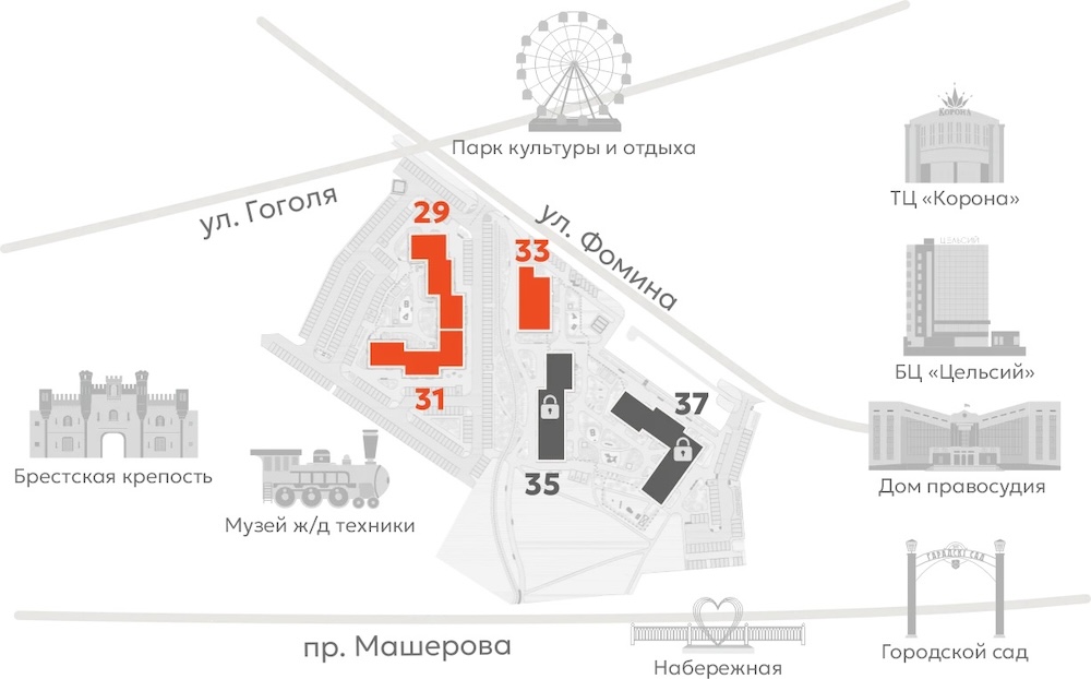 Схема и месторасположение нового ЖК «Центр» на Фомина, 33. Фото: «Полесьежилстрой».