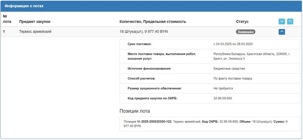 Тендер Брестского горисполкома на армейские термосы. Скриншот сайта госзакупок