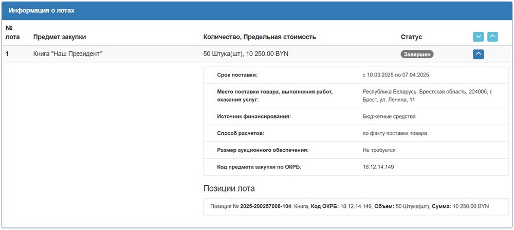 Тендер Брестского облисполкома на 50 книг «Наш президент». Скриншот сайта госзакупок