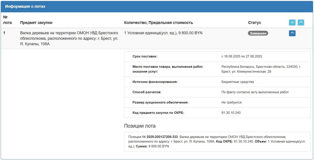 Тендер УВД Брестского облисполкома на валку деревьев. Скриншот сайта госзакупок