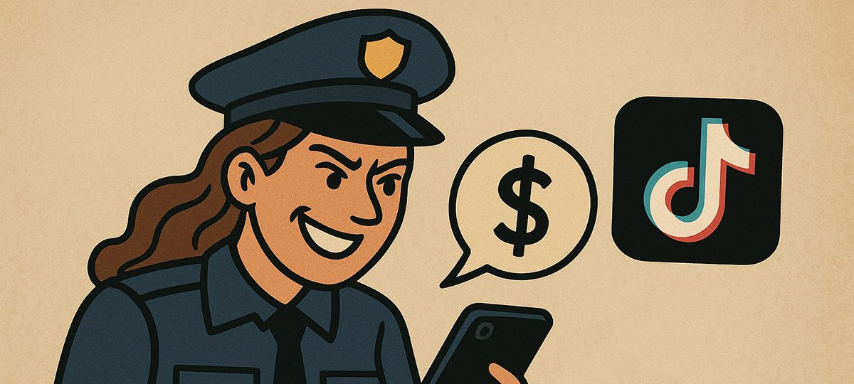 Женщина в милицейской форме смотрит на экран телефона и думает про деньги