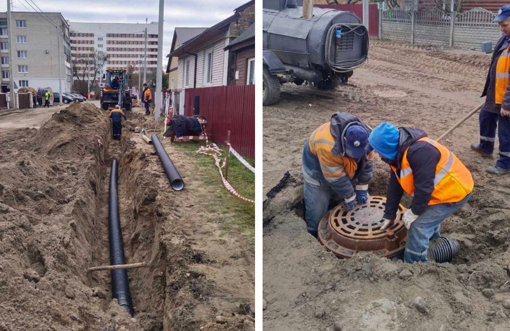 На улице Карасева специалисты Брестского ДЭП ведут работы по отводу поверхностных вод в систему дождевой канализации. 