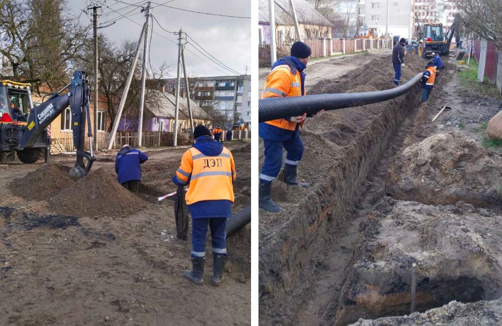 На улице Карасева специалисты Брестского ДЭП ведут работы по отводу поверхностных вод в систему дождевой канализации. 