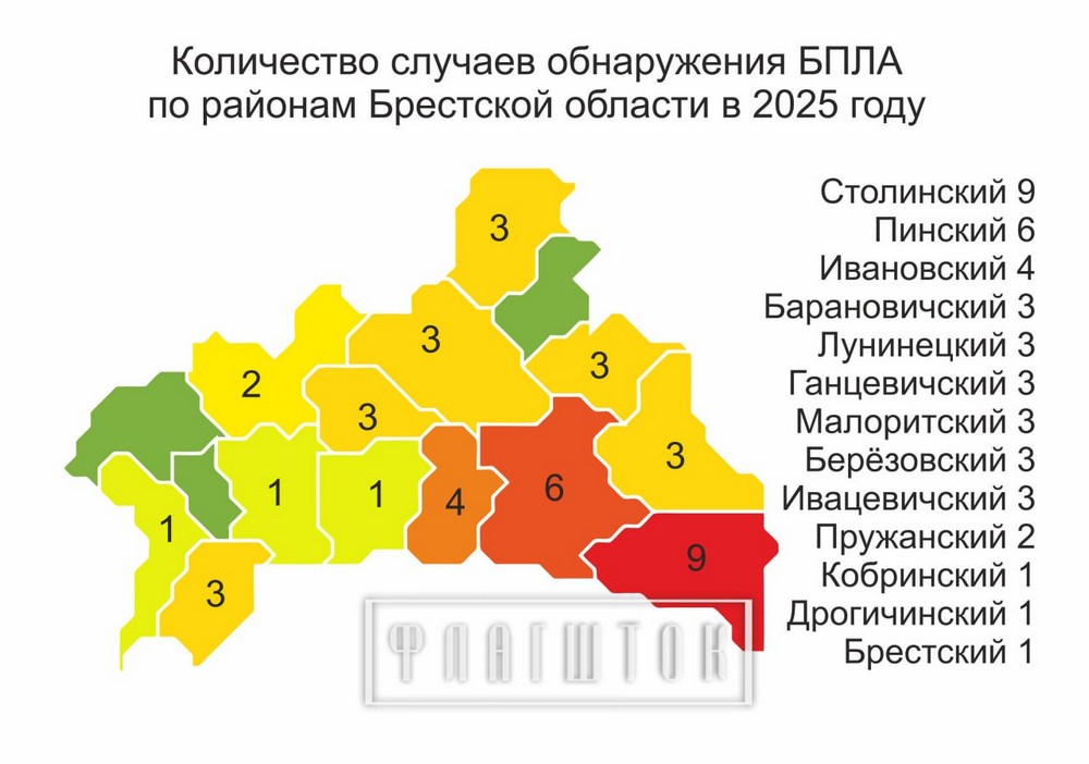 Количество падений беспилотников в Брестской области в 2025 году. Инфографика: «Флагшток»