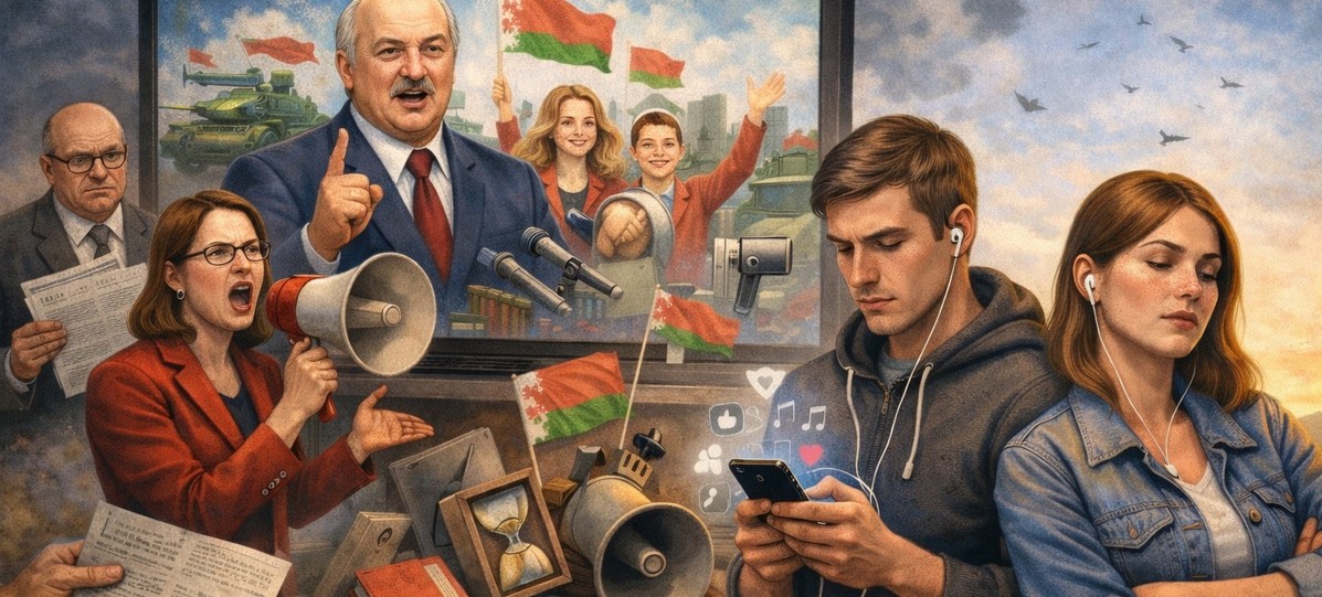 Пропагандистское выступление с мегафонами и символами власти на фоне людей, занятых своими делами и не вовлеченных в происходящее