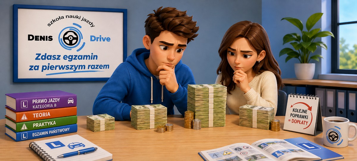 Парень и девушка считают расходы на обучение в автошколе и подготовку к экзамену на права в Польше, рядом лежат учебники, деньги и материалы Denis Drive.