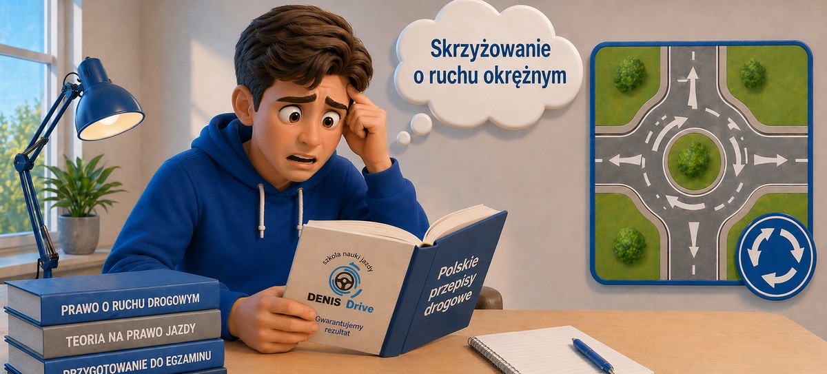 Парень изучает польские правила дорожного движения и переживает из-за кругового перекрестка перед экзаменом на права в Польше